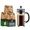 ØNSK kaffeposer med økologiske og friskristede kaffebønner samlet i en pakke med en stempelkande