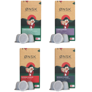 Alle ØNSKs kaffekapsler i samme pakke. Kaffekapslerne er kompatible med nespresso.