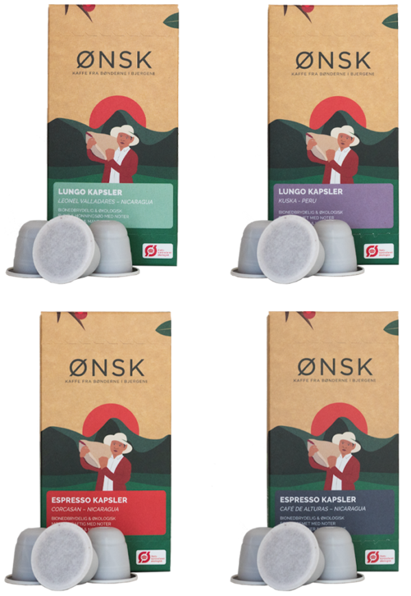 Alle ØNSKs kaffekapsler i samme pakke. Kaffekapslerne er kompatible med nespresso.